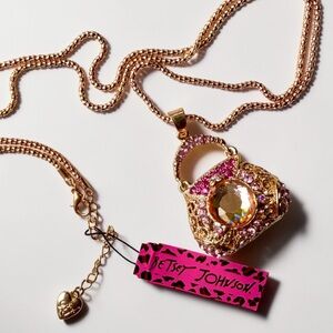 Betsey Johnson Gold Pink Crystal Handbag Purse Pendant Long Necklace NWT